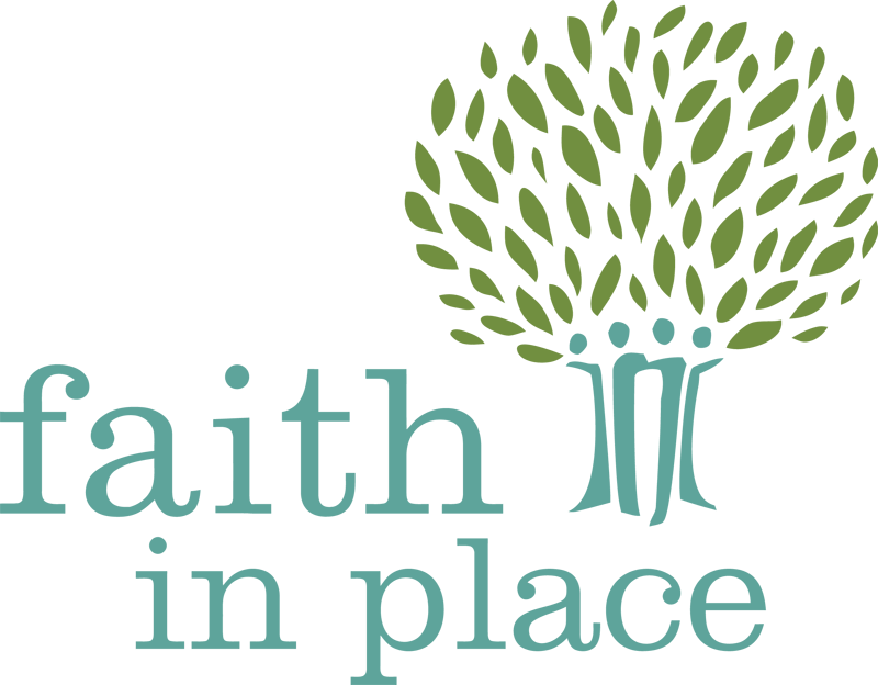 Faith in Place logo with org name in teal type and two teal and green trees