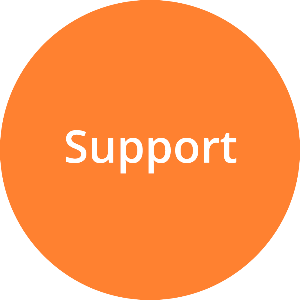Orange circle with white text that reads "Support."