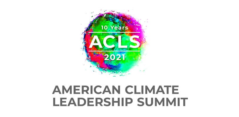 A circular graphic made up of multiple neon colors containing the text "10 Years ACLS 2021." Below the circle of colors is text that reads "AMERICAN CLIMATE LEADERSHIP SUMMIT."