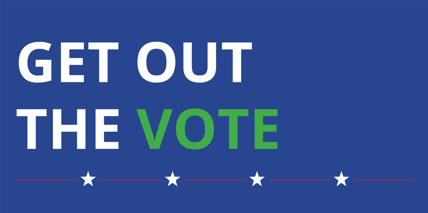 A dark blue graphic rectangle with white and green text that says “GET OUT THE VOTE” with a line of white stars underneath. The white stars are connected by red lines. The ecoAmerica logo in white is in the bottom right corner.