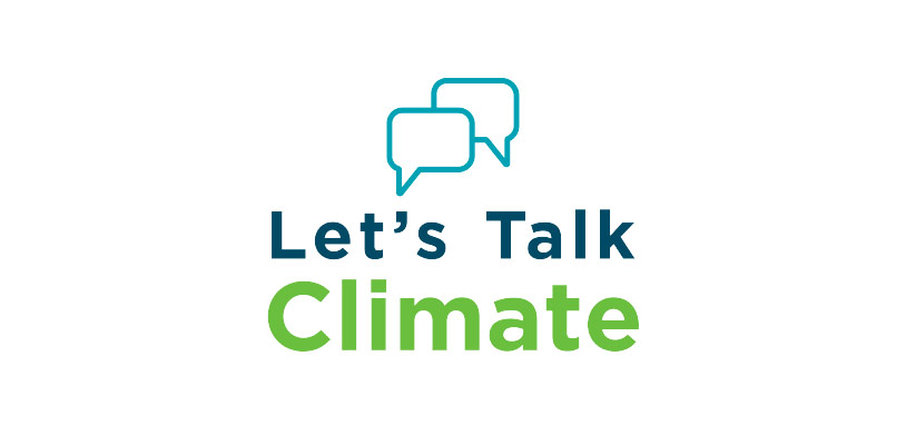 Let's Talk Climate logo. Two overlapping speech bubbles are above blue and green text that reads "Let's Talk Climate."