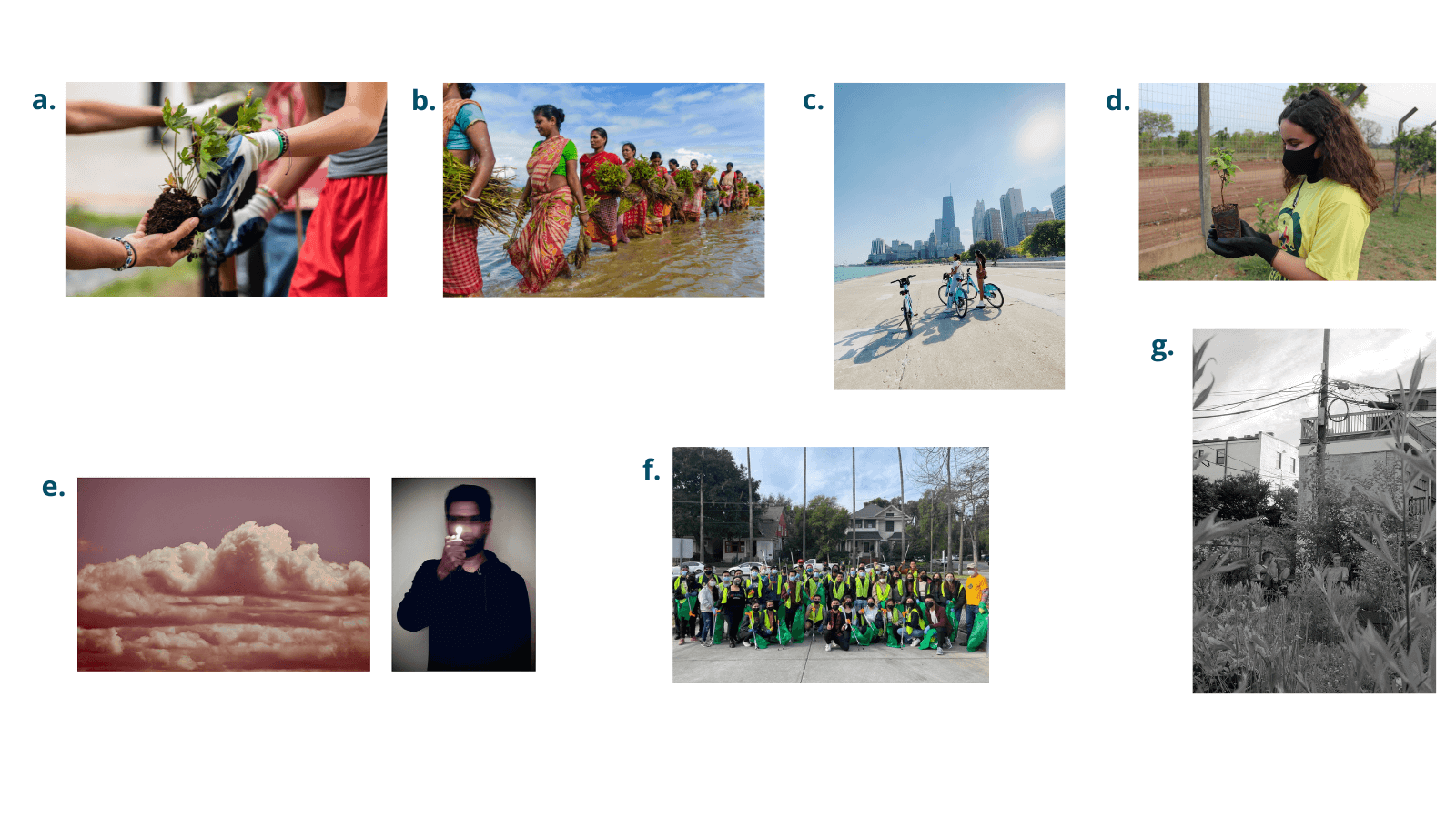 A compilation of the honorable mentions. The first is an image of a person handing another person planted parsely. The second image is of women in India walking throuhg a mangrove. The third image is of 2 women on their bikes taking a break to look over the hudson river. THe fourth image is of a teen girl in a mask holding a plant in a garden. The fifth picture is of pink clouds on the left and a man holding a lighter in front of his eyes on the right. The sixth image is of San Jose State University members after cleaning up their neighborhood. The seventh image is of two men sitting in an alley way garden in Washington, DC. The image is black and white.